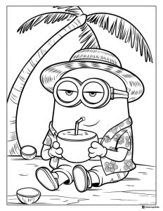 Minion on beach with coconut drink coloring page