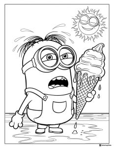 Minion with melting ice cream under hot sun coloring page