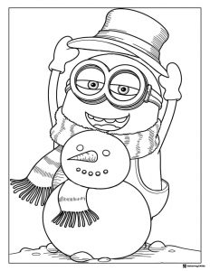 Minion with snowman hat and scarf coloring page
