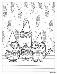 Minions Birthday Coloring Page with Cake and Guitar