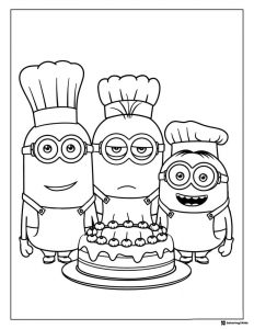 Minions Chef Coloring Page with Cherry Cake