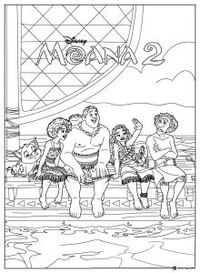 Moana 2 Characters on Boat Coloring Page