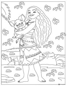 Moana Coloring Page Holding Pua the Pig