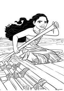 Moana Coloring Page Paddling a Raft on Water