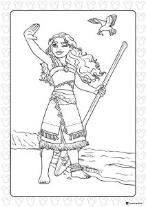 Moana Coloring Page Waving with Paddle and Bird