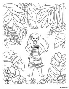 Moana Coloring Page amidst Tropical Leaves and Flowers
