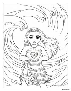 Moana Coloring Page holding the Heart of Te Fiti with waves