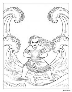 Moana Coloring Page in Waves holding Heart
