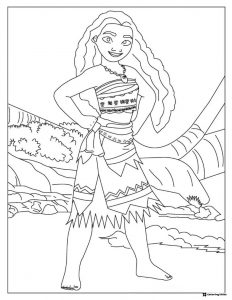 Moana Coloring Page on Beach with Palm Trees
