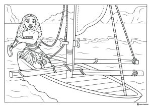 Moana Coloring Page on Boat by Shore