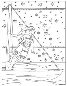 Moana Coloring Page on Boat with Stars