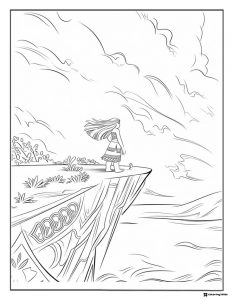 Moana Coloring Page on Cliff Edge with Ocean View