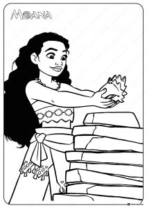 Moana Coloring Page placing a seashell on a rock stack