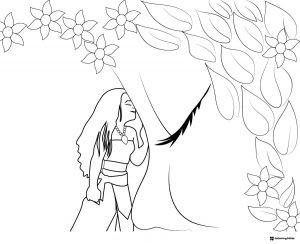 Moana Coloring Page under a tree with flowers