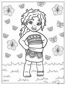 Moana Coloring Page with Butterflies and Flowers