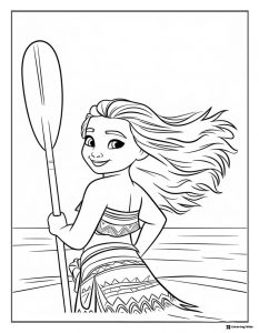 Moana Coloring Page with Paddle Hair Blowing in Wind