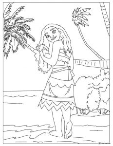 Moana Coloring Page with Palm Trees and Ocean
