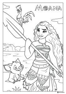 Moana Coloring Page with Pua and Heihei
