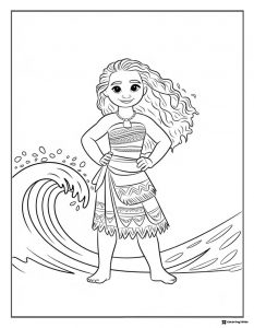 Moana Coloring Page with Waves and Ocean Splash