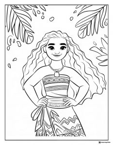 Moana Coloring Page with palm leaves in the background