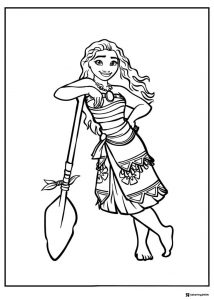 Moana Coloring Sheet leaning on a paddle smiling