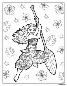 Moana Coloring Sheet with paddle surrounded by flowers