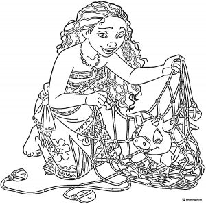 Moana Freeing Pua from Net Coloring Page