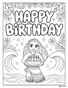 Moana Happy Birthday Coloring Page with Cake