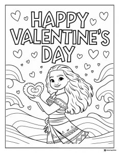 Moana Happy Valentines Day Coloring Page with hearts
