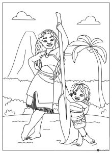 Moana and Baby Moana with Paddle Coloring Page