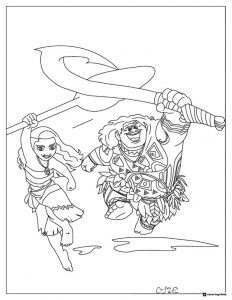Moana and Maui Coloring Page with Oar and Hook