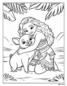 Moana and Pua Hugging Coloring Page 1