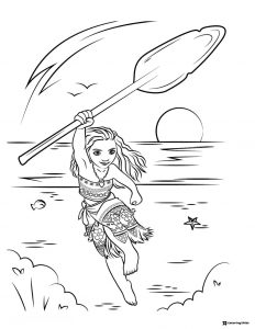 Moana with Paddle Coloring Page on the Ocean