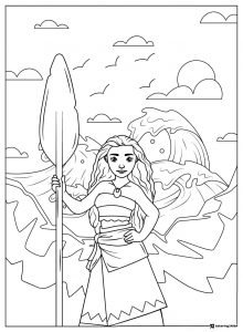 Moana with Paddle and Waves Coloring Page