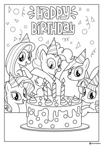 My Little Pony birthday party with cake and friends coloring