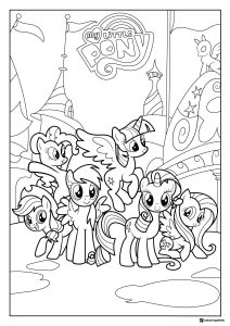My Little Pony main characters with logo coloring page