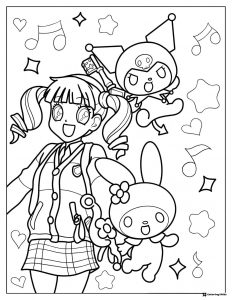 My Melody Kuromi girl coloring page with music notes