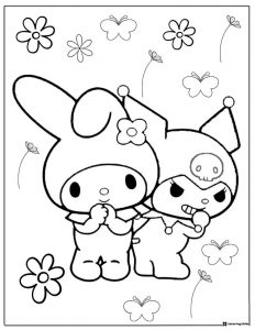 My Melody and Kuromi coloring page with flowers butterflies