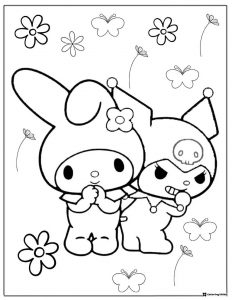 My Melody and Kuromi with Flowers Coloring Page 1