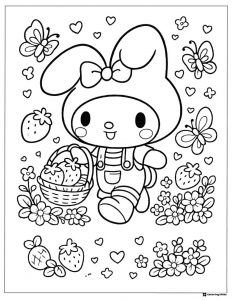 My Melody coloring page with a basket of strawberries