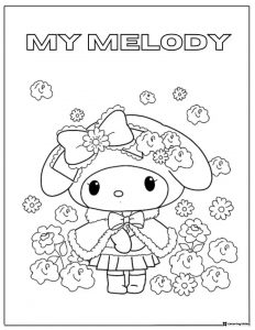 My Melody coloring page with a bow and flowers