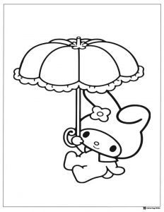 My Melody coloring page with an umbrella