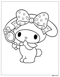 My Melody coloring sheet holding a mirror