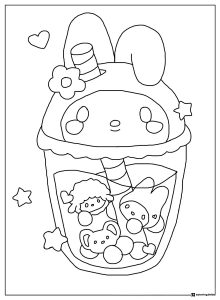 My Melody drink with characters coloring sheet