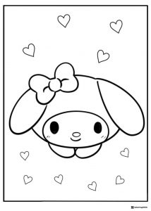 My Melody head coloring sheet with floating hearts