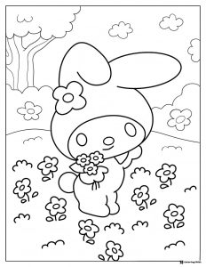 My Melody holding flowers in field coloring sheet