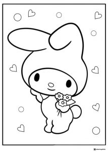 My Melody holding flowers with hearts coloring page