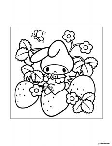 My Melody in strawberry patch coloring page