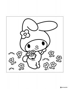 My Melody picking flowers coloring page