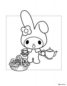 My Melody serving tea and pastries coloring page